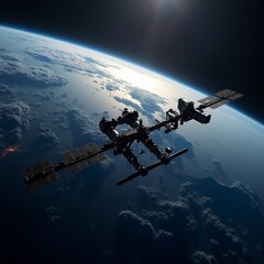 Naklejka premium Satellite station orbits Earth in stunning view from space Generative AI