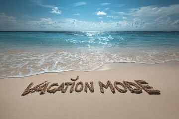 Relaxing beach scene with vacation mode written in sand under bright blue sky and soft waves in background on a sunny day