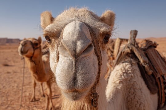 Closeup of a camel face with caravan in Sahara desert showcasing desert life and culture during daylight