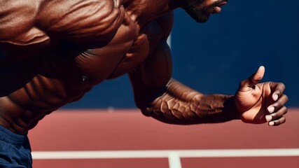 Strong sprinter crouches at starting line on track with defined leg muscles ready to explode forward capturing speed determination and professional athletics performance