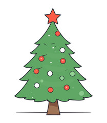 cute simple christmas tree with red, white and green circle toys hanged on it and with red star on the top 