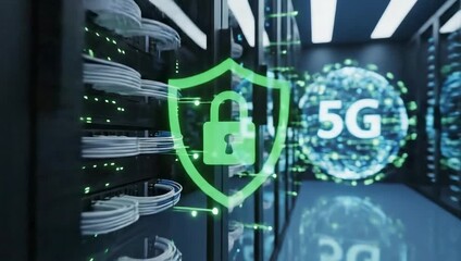 Digital Network Security Globe Protected By Shield and Padlock In Server Room With 5G Network - Powered by Adobe