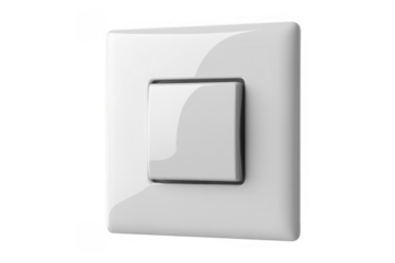 White square light switch with a single push button isolated on a transparent background