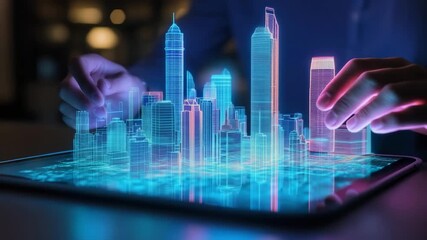 Architect designing futuristic buildings using augmented reality on tablet - Powered by Adobe