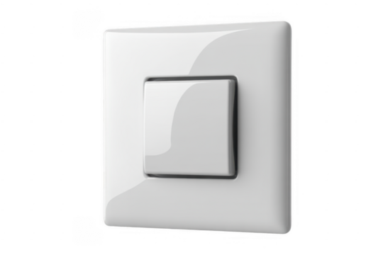 White square light switch with a single push button isolated on a transparent background