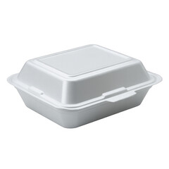 White styrofoam food container with hinged lid closed isolated on a transparent background