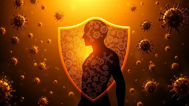 Golden shield of vaccine molecules protecting a human silhouette from dark, swirling pathogens.