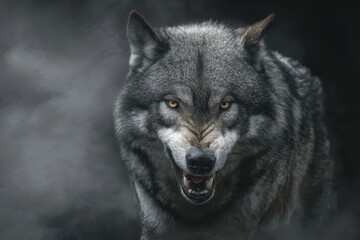 Glowing-eyed wolf snarling in a dark mist at night, showcasing its fierce expression and powerful presence