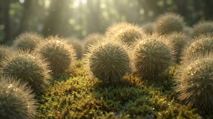 Group of round cactus plants with spines in golden sunlight suitable for desert landscape themes and succulent gardening hobby backgrounds.