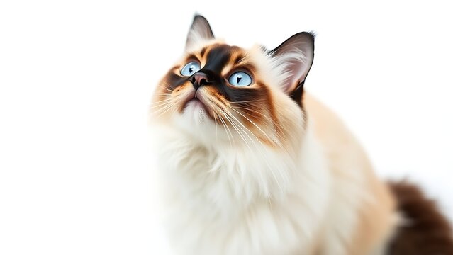 A Birman cat with striking blue eyes sits gracefully on a white background, its fur detailed and pristine.