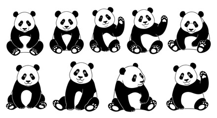 Obraz premium Cartoon giant panda bears in various sitting poses, vector set