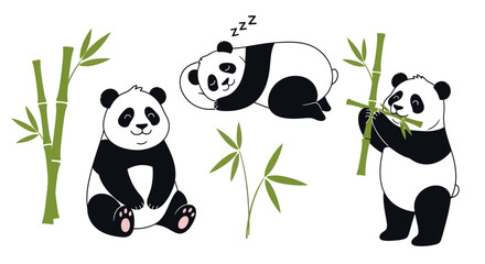 Fototapeta premium Adorable cartoon pandas: sitting, sleeping, eating bamboo. white