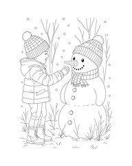 Fototapeta premium Kids Decorating Snowman Winter Coloring Page