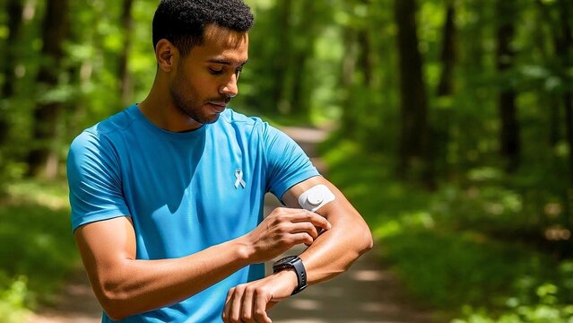 Fit male runner checking glucose monitor sensor on arm via smartwatch, active lifestyle diabetes.