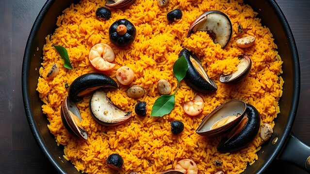 Traditional Spanish paella in shallow pan, overhead view with seafood ingredients.