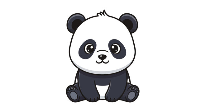 Cute cartoon baby panda character sitting, front view, isolated.