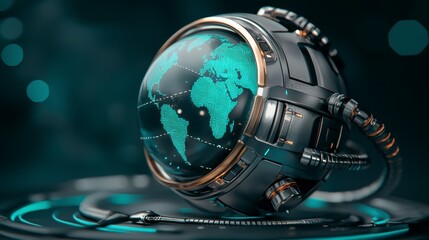 Futuristic Teal Digital Globe on Dark Platform
