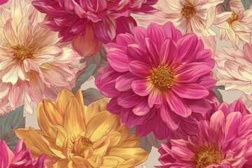 Fototapeta premium Hand drawn dahlia flowers create a vibrant and colorful seamless pattern ideal for fabric design, wallpaper, and home decor
