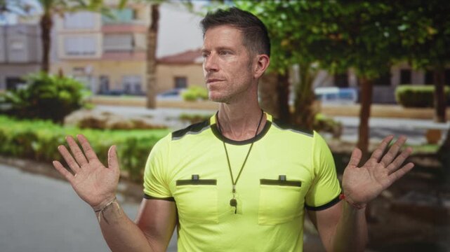Man in neon yellow referee shirt with whistle necklace, hands raised palms up, bracelets visible, standing by trees and blurred houses on street; confidence.