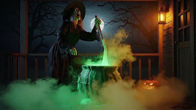 A dynamic shot of a life-sized, animatronic witch stirring a cauldron on a porch. Green, bubbling 'smoke' (from a hidden fog machine) overflows from the cauldron and spills onto the floor