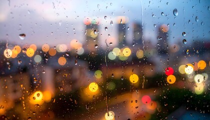 Rain-covered window with colorful city lights bokeh in the background, atmospheric night view with water droplets and vibrant urban glow.
