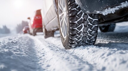 studded winter tires driving on packed snow, bright cold daylight, precise tread detail, minimalistic automotive scene