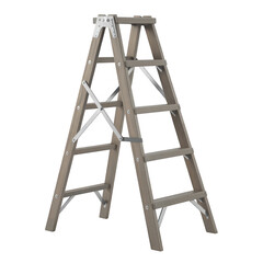 Wooden A-frame stepladder with metal hinges and supports isolated on a transparent background