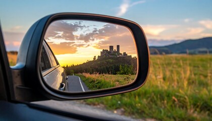 Castle Reflection in Car Mirror at Sunset - A Scenic Drive.