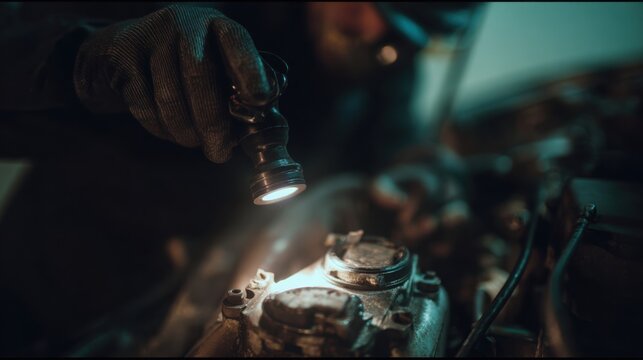 subtle dramatic photo of a mechanic inspecting a turbo with a flashlight, soft ambient lighting, minimalism, focus on wear marks and oil traces