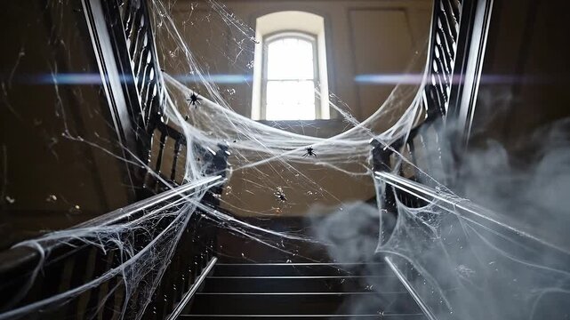 A low-angle shot looking up at a grand, cobweb-draped staircase. Silky, translucent cobwebs glisten in the moonlight streaming from a window