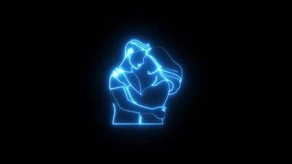 Cute couple hug neon glowing animation, romantic love gesture, affectionate relationship icon, heartwarming neon graphic on black background