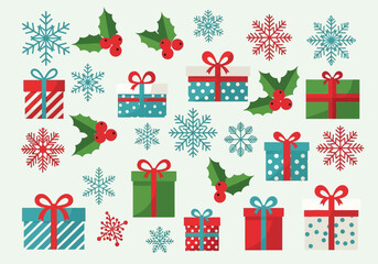Festive Christmas Pattern with Gifts Holly and Snowflakes.