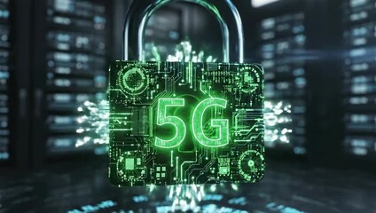 Glowing Green 5G Security Lock Digital Circuit Board Server Room Data Center Technology Concept - Powered by Adobe