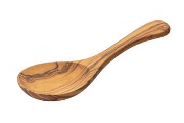 Wooden olive wood spoon with natural grain patterns and curved handle isolated on a transparent background