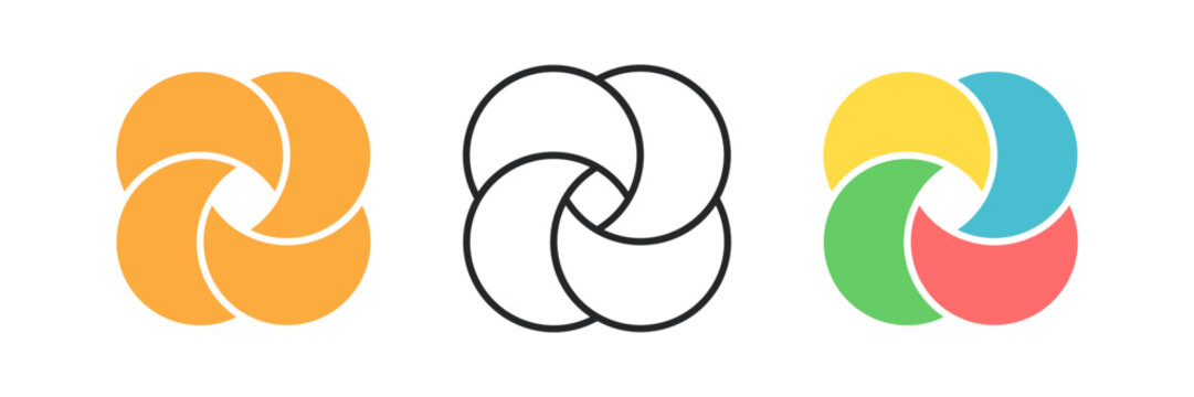 Circle Venn diagram with four parts. Intersecting circles set. Infographic chart icon. 4 overlap balance elements diagram. Business process chart. Vector illustration isolated on white background.