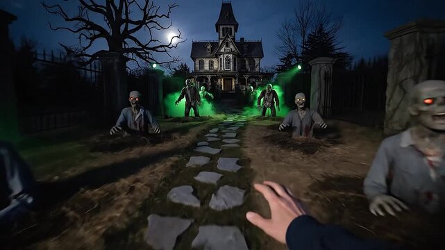 A point-of-view shot, as if gliding, moving up the winding garden path of a haunted house. Animatronic zombies buried in the lawn slowly rise up as the camera passes them