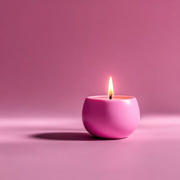 A single lit pink candle in a round pink holder on a pink surface with subtle glitter and a soft shadow.