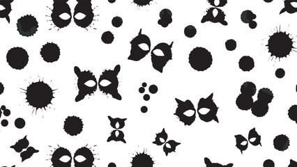 Stylized black inkblot masks and splatters create a chaotic seamless pattern, featuring mysterious faces with pointed ears in a graphic monochrome vector illustration