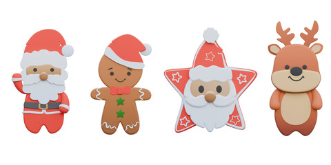 3d illustrations of set of christmas elements include santa clause,gingerbread man,santa star and reindeer.3d render.