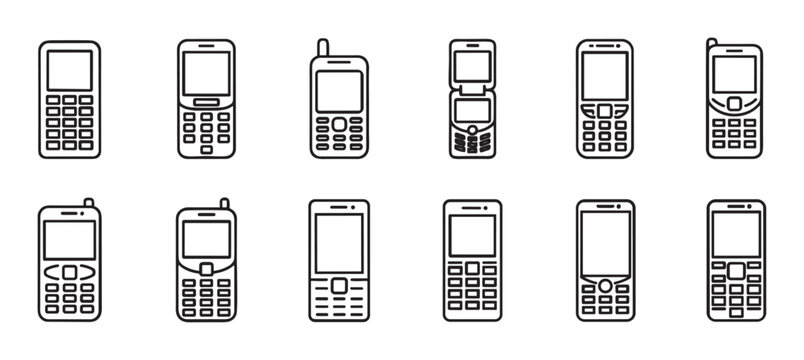 Collection of old mobile phone icons shows various vintage feature phone models with push buttons and small screens in a minimalist black and white line art vector illustration set