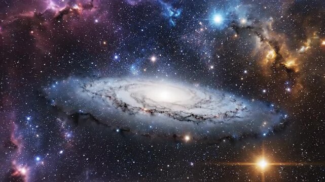 Cosmic galaxy displaying swirling star clusters and nebulae against a deep space backdrop