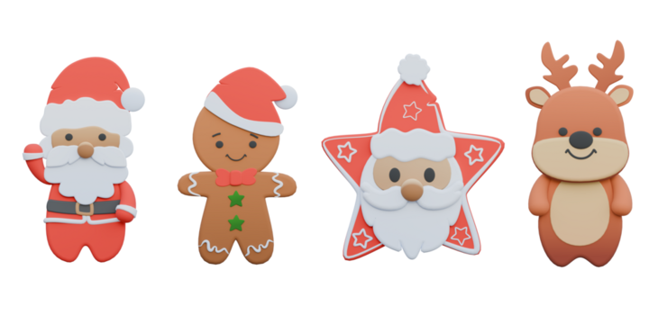 3d illustrations of set of christmas elements include santa clause,gingerbread man,santa star and reindeer.3d render.
