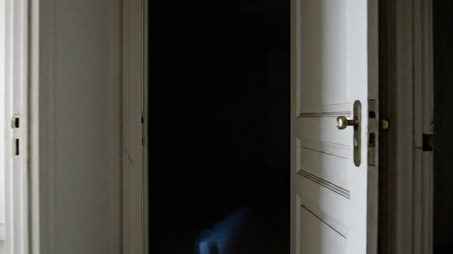 A POV (point-of-view) shot creeping slowly down a dark, narrow hallway lined with closed doors. One door at the end creaks open by itself