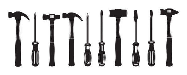 Collection of black hand tool silhouettes including hammers, mallets, and screwdrivers arranged in a row, presented in a clean graphic style for DIY and construction themes