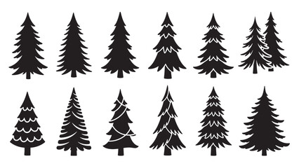 Fototapeta premium Collection of black Christmas tree silhouettes in various stylized graphic designs, showing different shapes of pine, fir, and spruce for festive winter holiday decoration