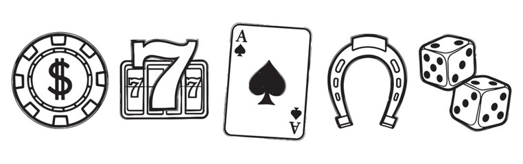 Black and white gambling and luck icons featuring a poker chip, slot machine sevens, ace of spades, horseshoe, and dice in a hand-drawn sketch style illustration