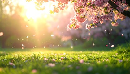 Beautiful spring scene with blooming cherry blossoms, falling petals, and warm sunlight over fresh green grass. Peaceful seasonal nature background.