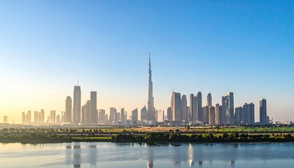 Expansive Cityscape Skyline with Tall Modern Buildings and a Reflecting Lake Under a Clear Blue Sky...