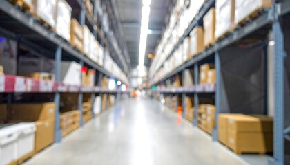 Blurred warehouse interior with shelves and storage boxes, soft focus background for logistics, industry, and supply chain themes.