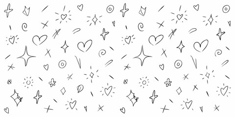 Hand drawn doodle pattern with hearts stars and abstract shapes on white